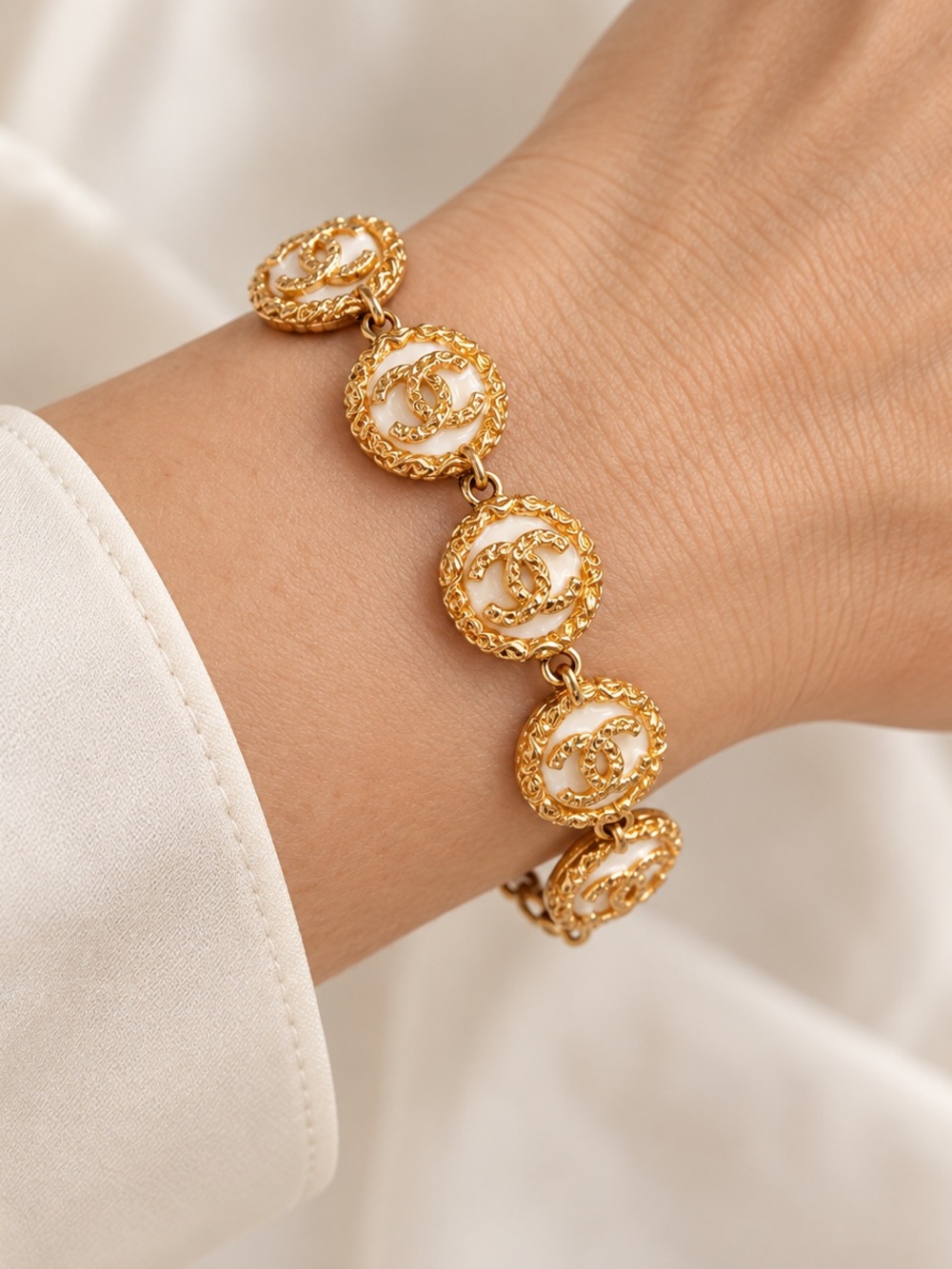 Gold and Cream Logo Medallion Link Bracelet
